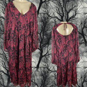 Torrid Plus 6 Paisley Chiffon Lined Tie Open Back Sheer Long Sleeve Midi Dress